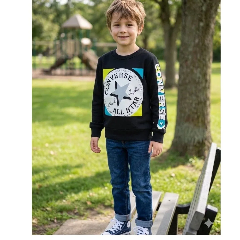 Converse Chuck Taylor All Star Boys Sweatshirt Black Logo Graphic Size S 8-10Y